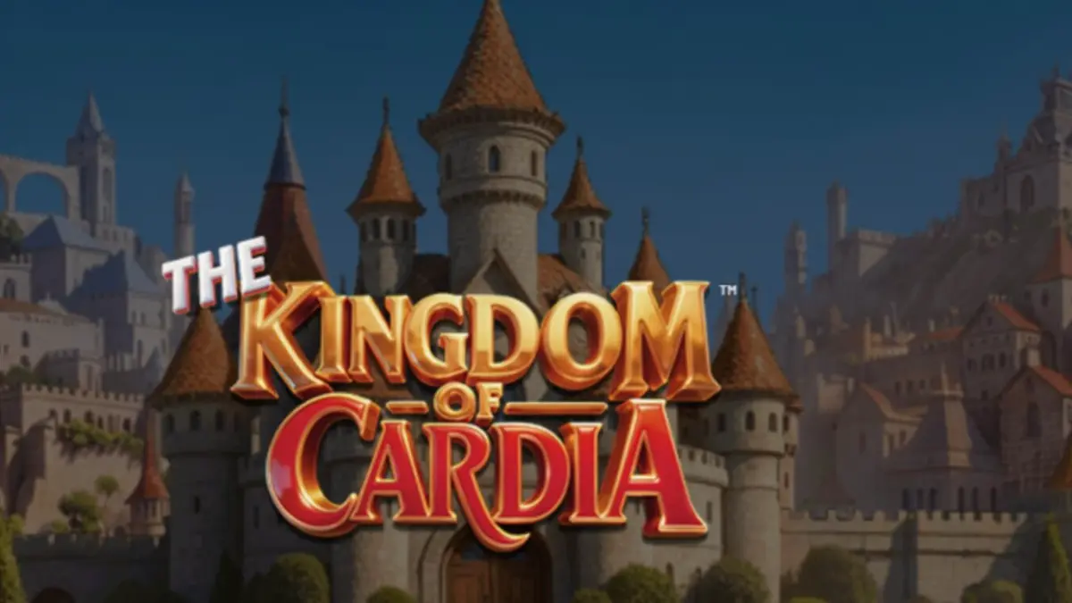The Kingdom of Cardia slot machine interface featuring whimsical fantasy garden and playing card symbols.